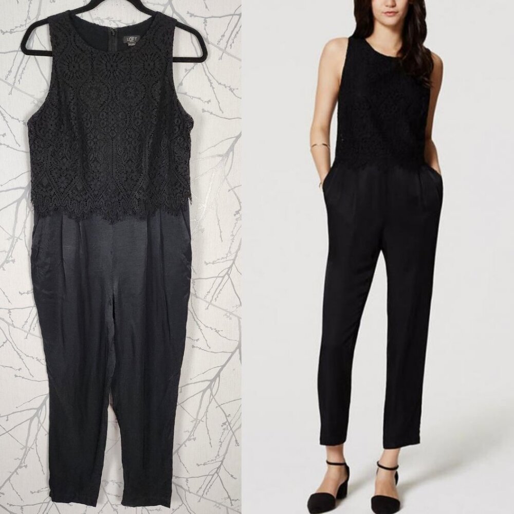 Loft Black Scallop Lace Overlay Sleeveless Dressy Jumpsuit Career Boss